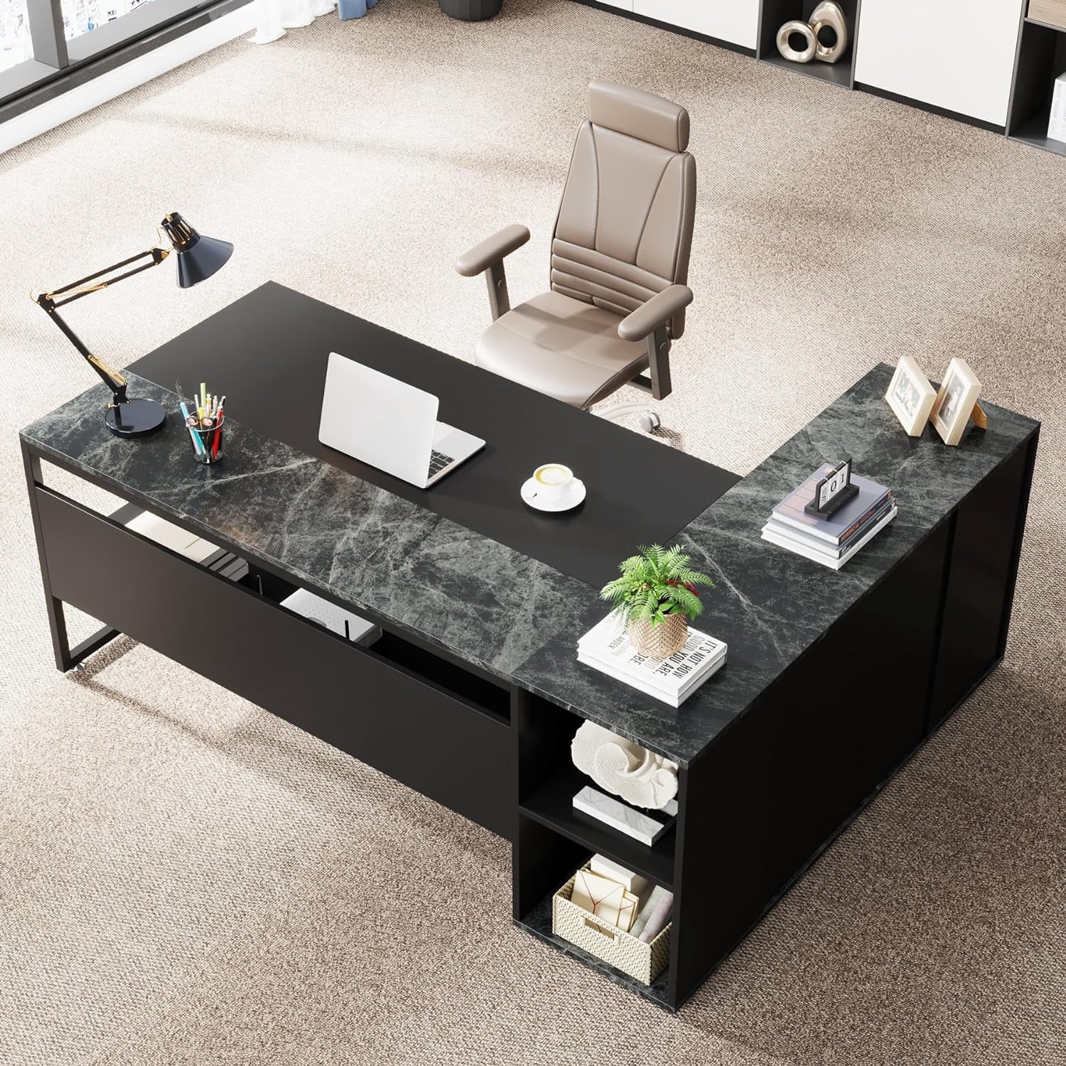 Tribesigns 71 inch L Shaped Executive Desk with Cabinet Storage, Rustic Brown Business Furniture Desk Workstation with Shelves for Home Office