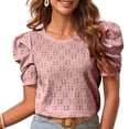 thumbnail image 1 of Camiseta de verano con cuello redondo y mangas cortas de jacquard hueco de color puro para mujer, color rosa, S, 1 of 7