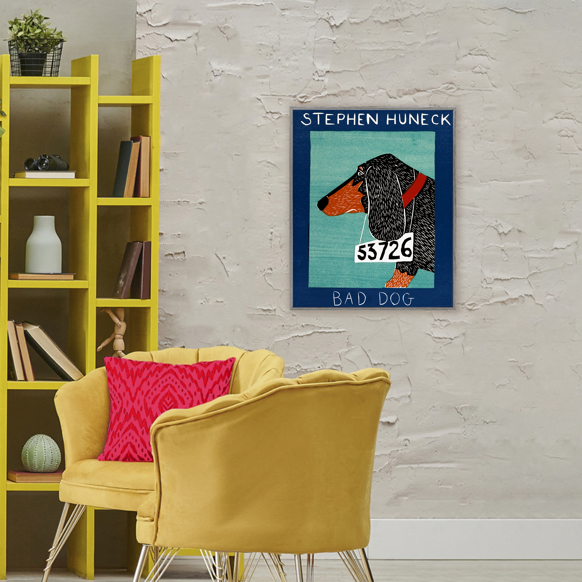 Bad Dog Dachshund Gray Framed Giclee Art, design by Stephen Huneck