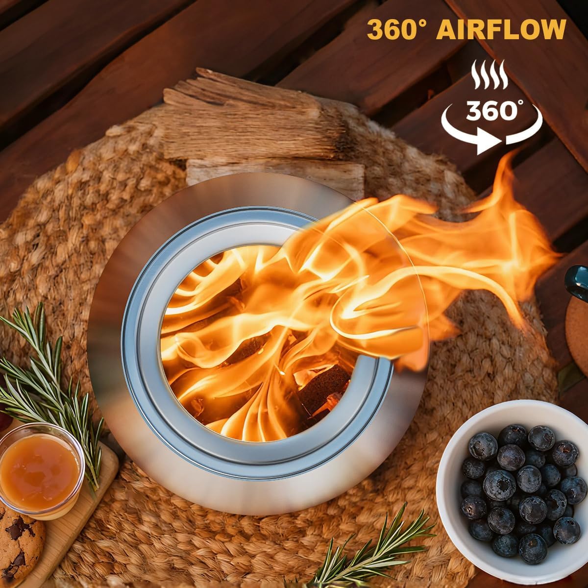 FANHAO Smokeless Fire Pit 21'' for Camping, Stainless Steel Firepit with Stand, Wood Burning or Pellet Fueled
