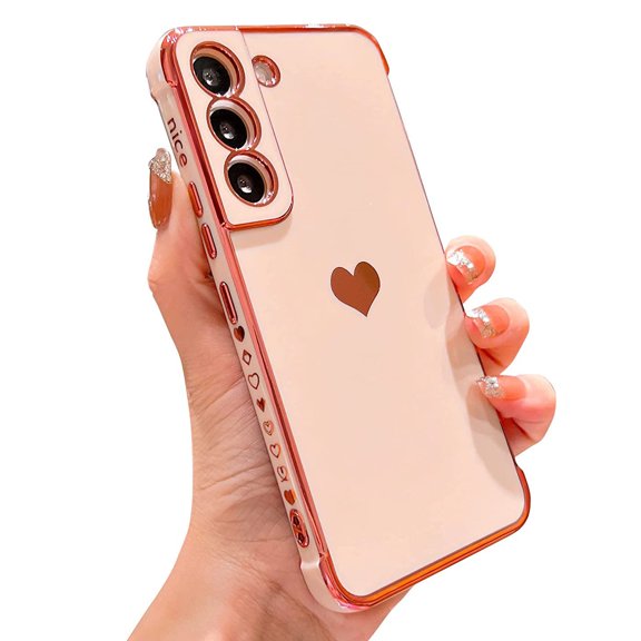for Samsung Galaxy S22 5G Case, Shockproof Cute Luxury Love Heart Plating Phone Case Full Camera Protection Raised Reinforced Corners Cover, Pink