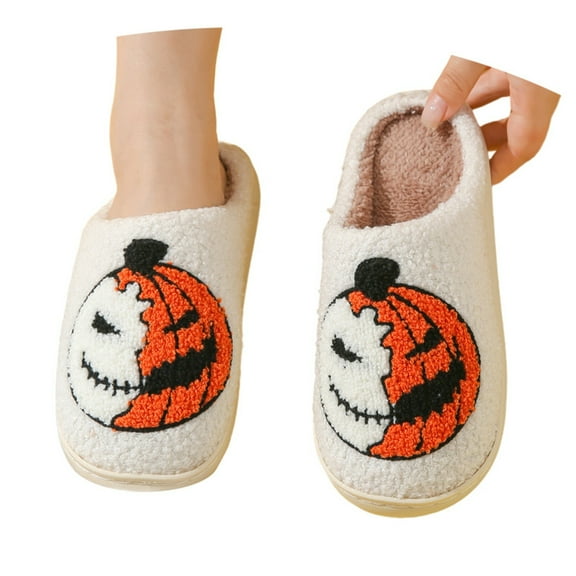 Fuzzy Slippers For Women Halloween Themed Pumpkin Printed Slippers Warm Lined Indoor Shoes Men Warm Cozy Winter House Slippers Bedroom Indoor House Shoes