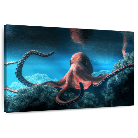 Elephant Stock Adult Octopus Wall Art - Horizontal Canvas Wall Art - Living Room Wall Decor - Animal Canvas - Black And Teal Decor - 12" x 8"