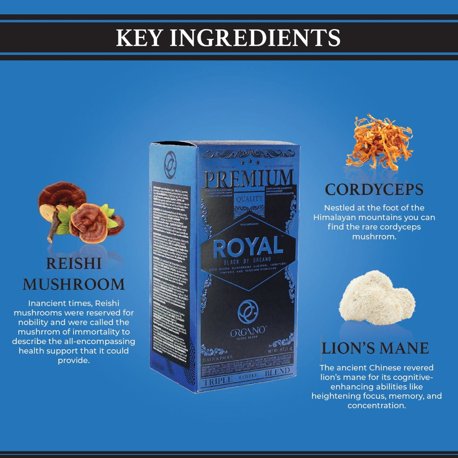 ORGANO Royal Black Medium Dark Roast Instant coffee. Infused with Triple Mushroom Blend, Ganoderma, Cordyceps and Lion's Mane. Aromatic and flavorful Ground Coffee Beans (25 Sachets) - 3 Pack