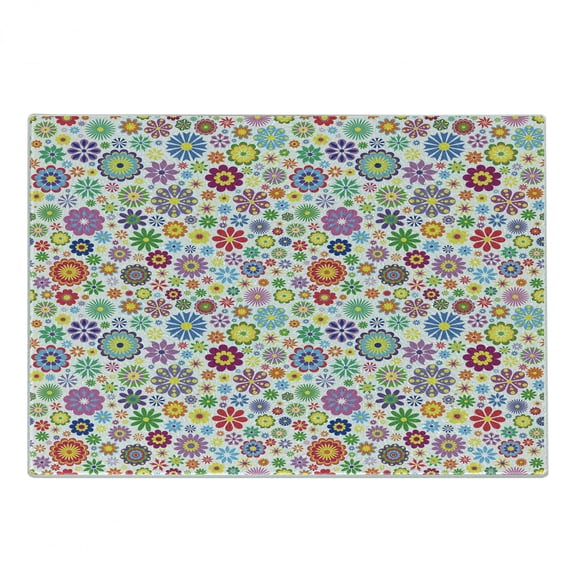 Floral Cutting Board, Flowers Peace Hippie Style Flourishing Blooms Petals Beauty Cheerful Season, Decorative Tempered Glass Cutting and Serving Board, Small Size, Multicolor, by Ambesonne