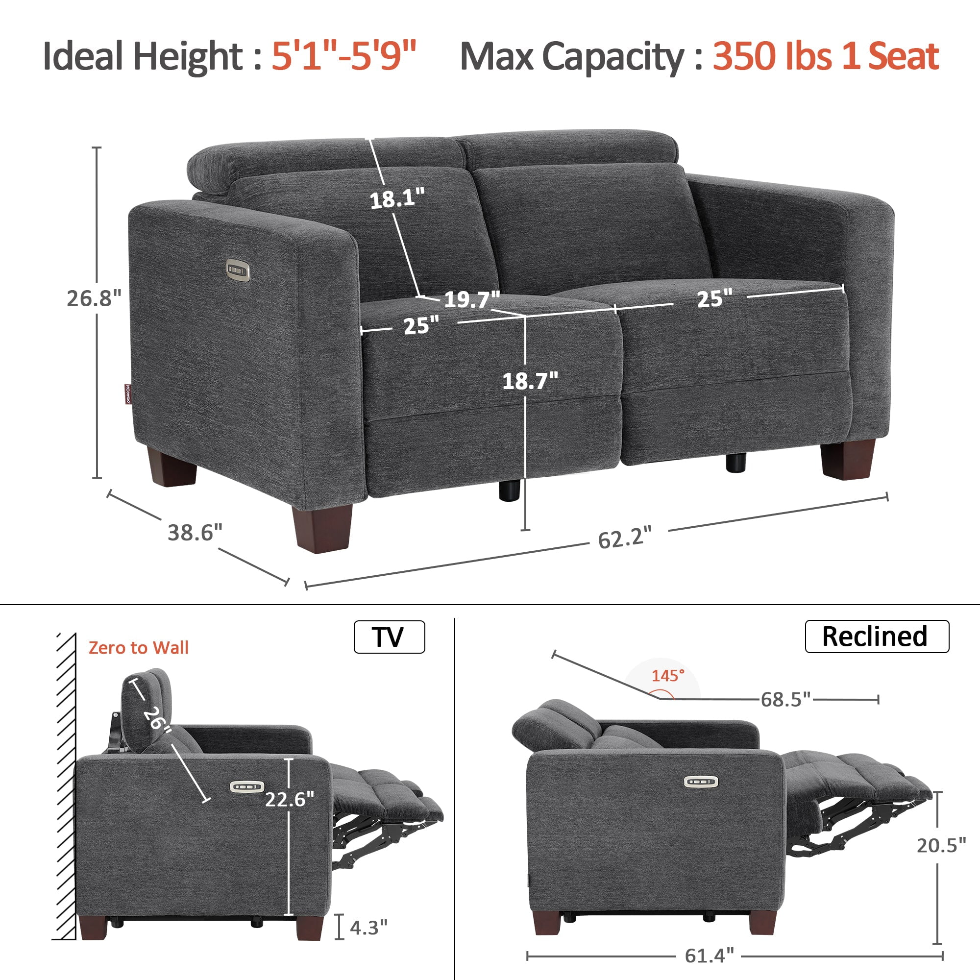 MCombo 62.2'' Wall Hugger Power Loveseat Recliner Sofa for Living Room, Office, Fabric, Dark Grey