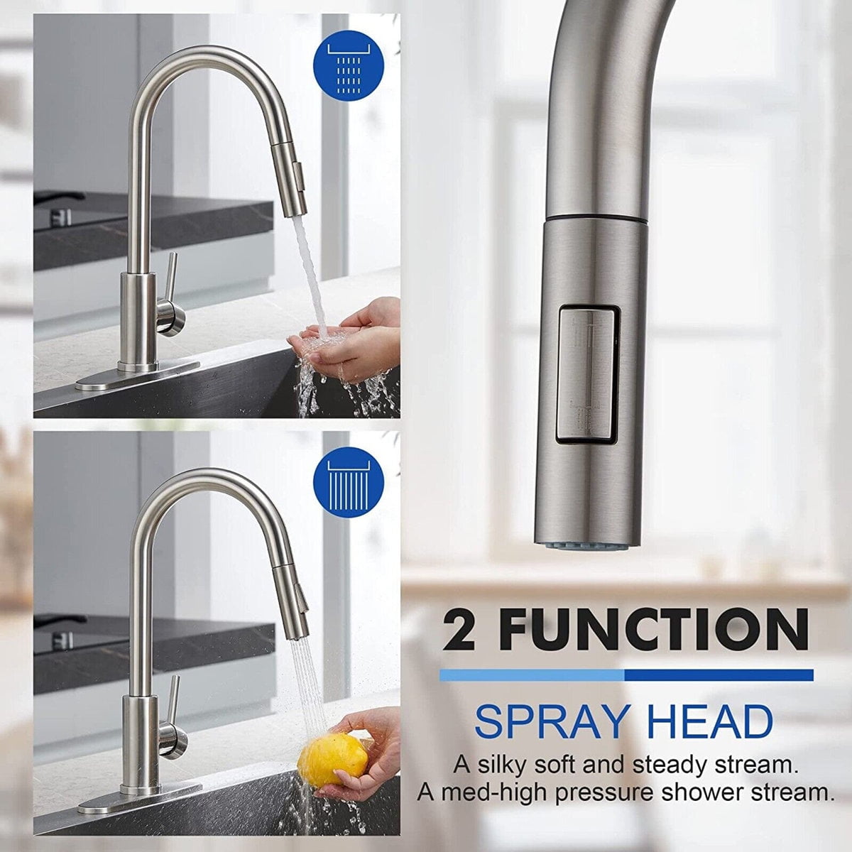 Brushed Nickel Kitchen Sink Faucet Pull Down Sprayer Single Handle Swivel Mixer