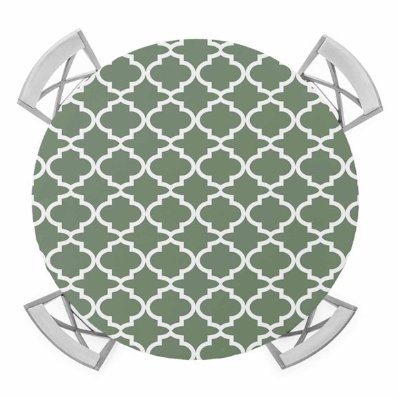 Round Fitted Tablecloth with Elastic Edge, Sage Green Morocco Waterproof Table Cloth Table Cover for 55"-60" Tables, Minimalist Boho Ethnic Abstract Motif Tablecloths for Dining Picnic Party Outdoor
