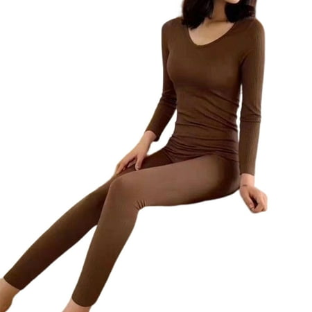 

Women Thermal Underwear Girls Long Sleeve Round Neck Simple Design Solid Color Warm Tops Pants Autumn Leisure Time Lingerie Brown