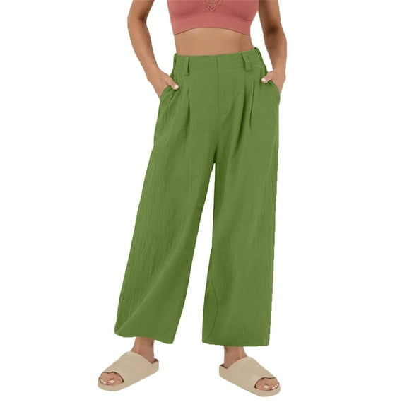 Wyobmus Womens Wide Leg Linen Pants Solid Color Chino Pants Elastic Waist Loose Casual Summer Vacation Work Pants Green
