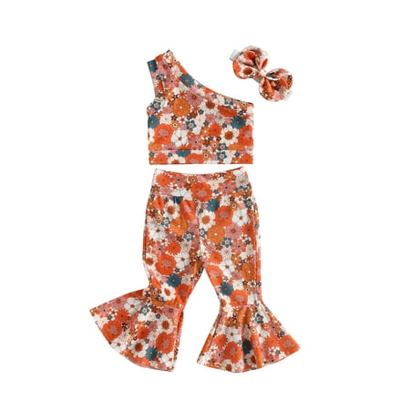 

Musuos Baby Girls Floral Outfits One Shoulder Tank Tops Flared Long Pants Headband