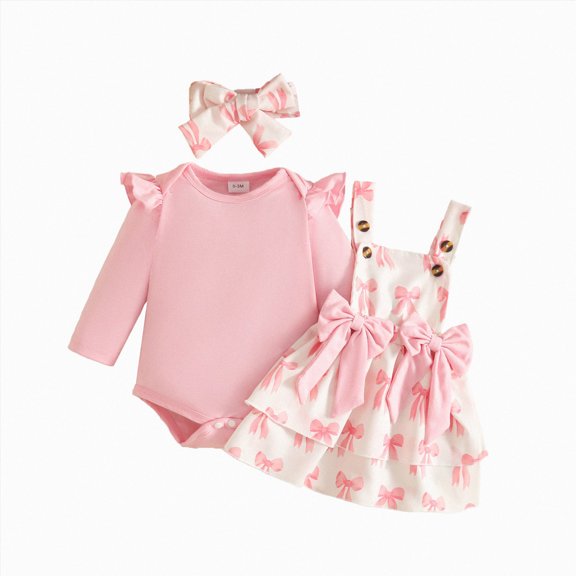 Cdudpw Infant Girl Fall Outfits Baby Girl Romper Suspender Dress Skirt with Headband 3Pcs Festival Clothes(Z153-Pink)