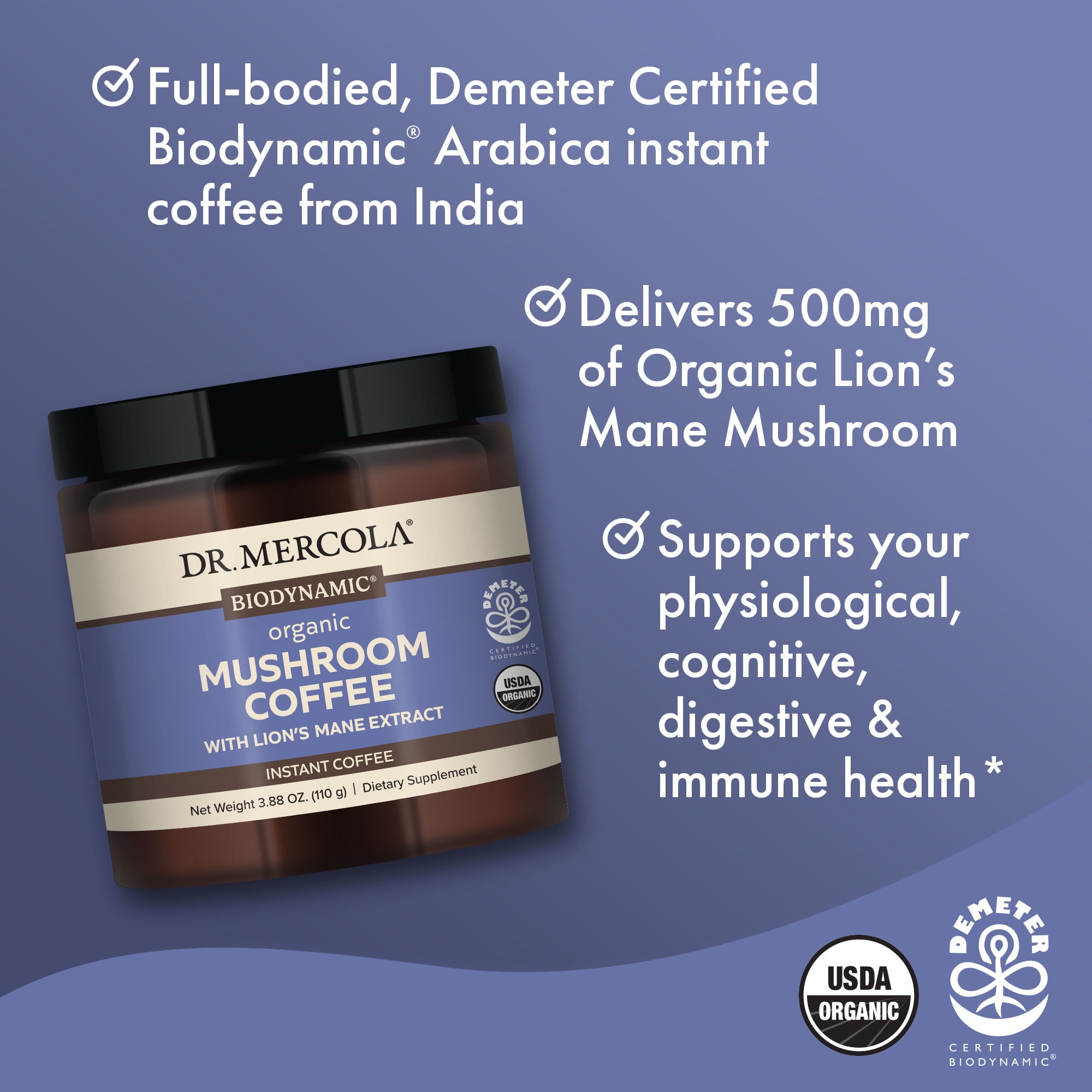 Dr. Mercola Mushroom Coffee with Lion's Mane Extract, Instant Arabica Coffee, 500 mg Lion's Mane Extract, Dietary Supplement, Supports Cognitive Health, Non-GMO - 3.88 Oz (110g), 20 Servings