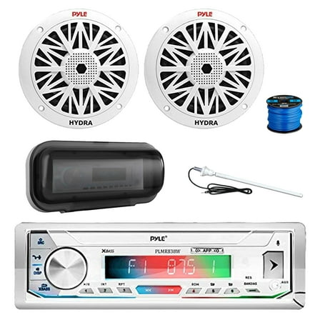 Pyle PLMRB39W Marine Single DIN Bluetooth AM/FM Stereo Receiver, Radio Cover, 2x 6.5" 200 Watt Peak Full Range 2-Way Waterproof Audio Speakers w/Wire, Long Range Antenna