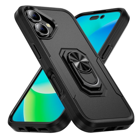 Decase for iPhone 16 Phone Case, TPU Bumper+Hard PC Dual Layer Hybrid Cover with Rotatable Finger Ring Kickstand, Slim Fit & Drop-Proof, Full-Body Protection Bumper Cover for iPhone 16,Black