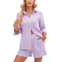 Lu's Chic Women's Short 2 Piece Outfits Casual Shorts Set Summer Thin Button Down 3/4 Sleeve Tops Track Suit Matching Set Light Purple Large