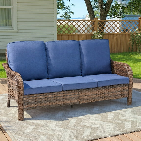 Unnifurnzi Outdoor Couch-All Weather Wicker Patio Couch High Back Outdoor Sofa for Porch Balcony Deck-Brown/Blue
