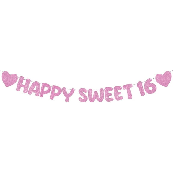 Pre Strung Happy Sweet 16 Banner Glitter Sixteenth Birthday Party Decorations 16th Party Sign Sweet 16 Party Decorations for Birthday Party Bachelorette Party(Pink)