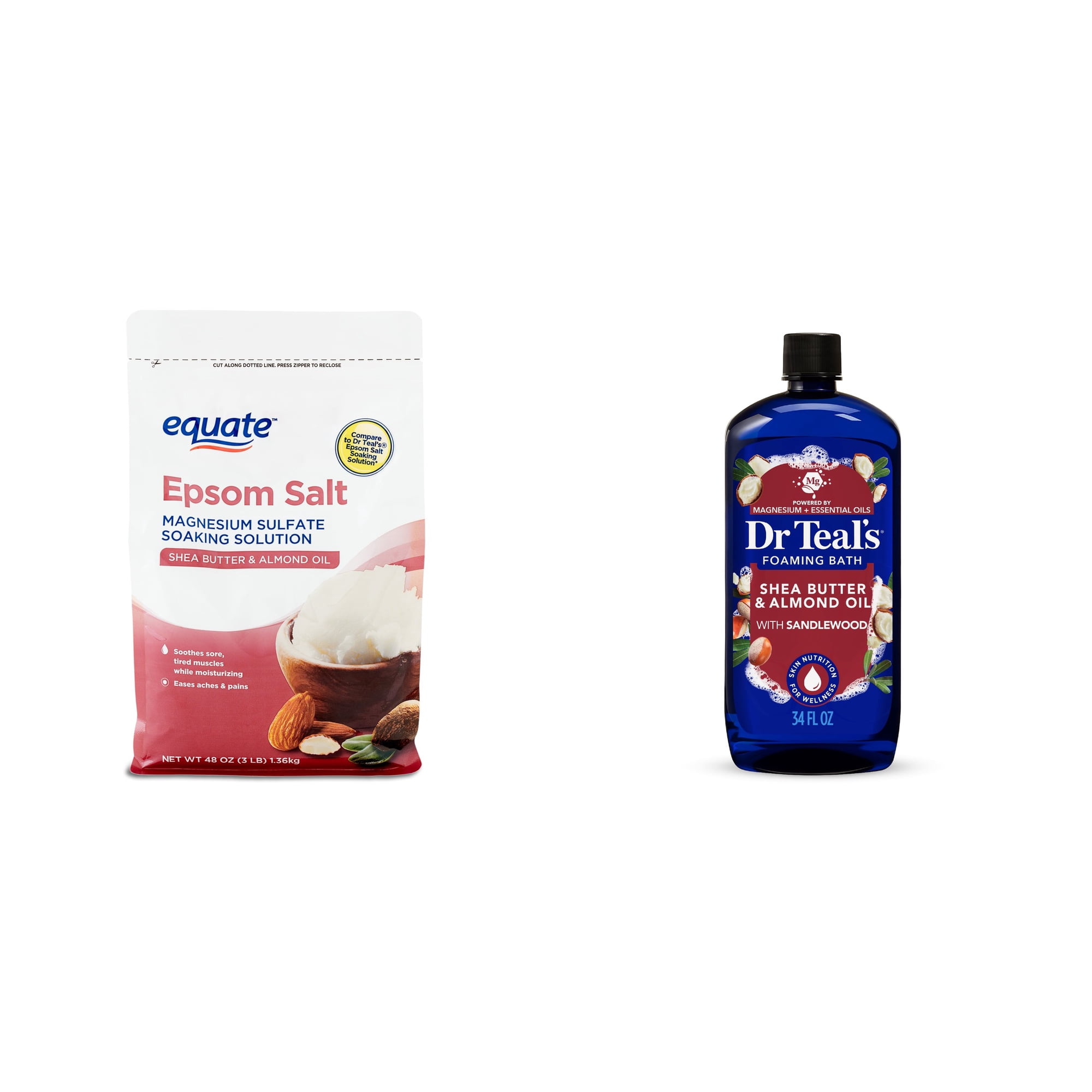Equate Epsom Salt Soaking Solution with Shea Butter and Almond Oil, 3 lbs & Dr Teal's Foaming Bath with Pure Epsom Salt, Shea Butter & Almond Bundle