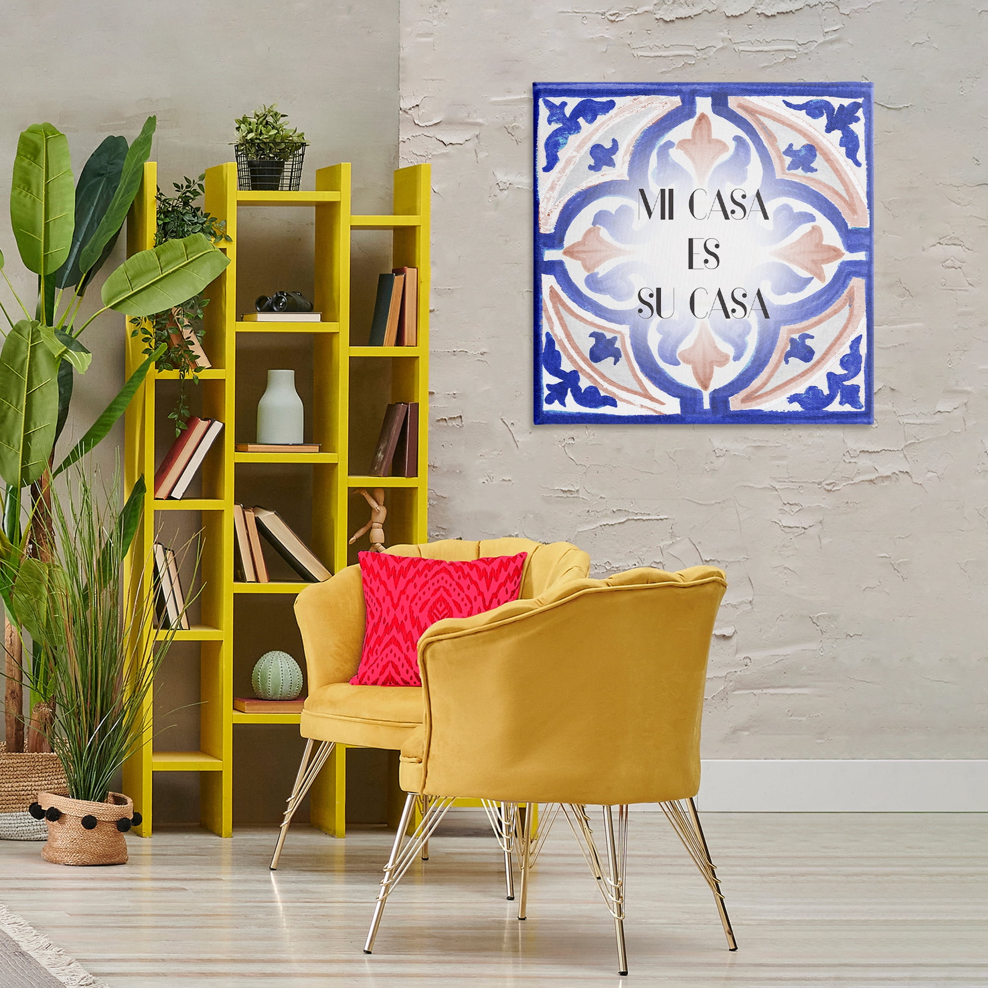 Stupell Industries Mi Casa Azulejos Tropicales Inspirational Quotes & Sayings Painting Wrapped Canvas Art Print Wall Art, 30 x 30