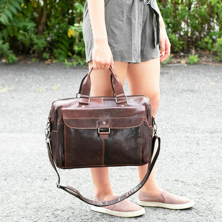 Jack Georges Voyager Hand Stained Buffalo Leather Top Zip Briefcase w Front Flap 7316 Brown Walmart