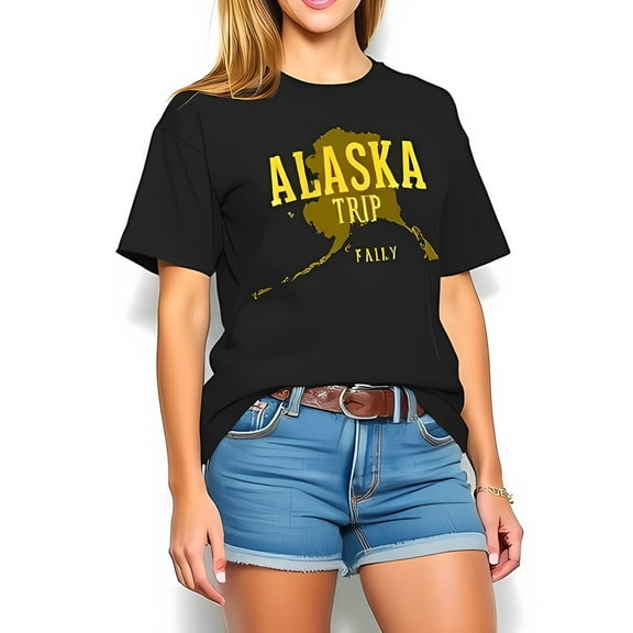 Vintage Alaska Trip T-Shirt for Women - Short Sleeve Black Tee with Gold Graphic Design - Casual Summer