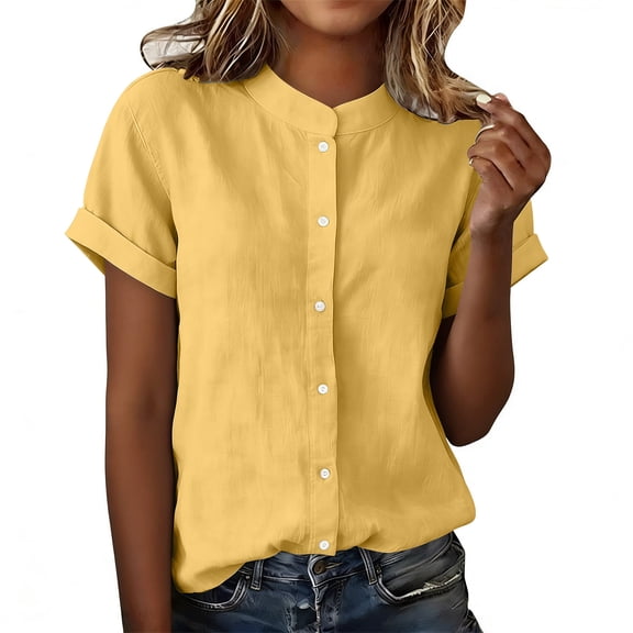 Eryao Women's Mandarin Collar Button Down Shirts Casual Cuffed Short Sleeve Dressy Work Tops Summer Business Office Blouses 2026 Yellow,XL