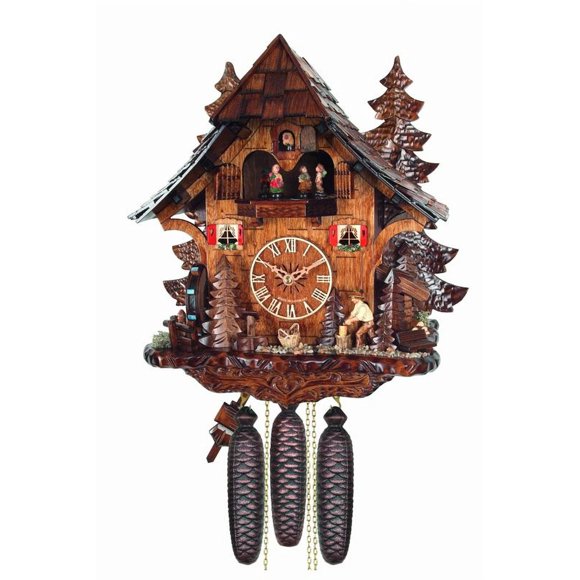 Cuckoo Clock Black Forest house with moving wood chopper and mill wheel