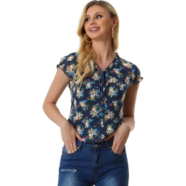 Blusa de gasa Allegra K con estampado floral para mujer manga casquillo Azul oscuro XS