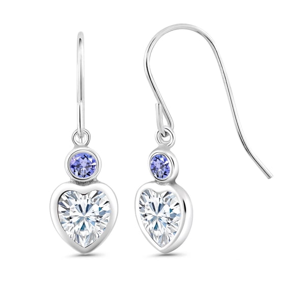 Gem Stone King 925 Sterling Silver White Moissanite and Blue Tanzanite French Wire Dangle Hook Earrings for Women (1.90 Cttw, Gemstone Birthstone, Heart Shape 6MM)