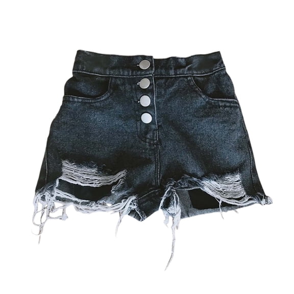 Girls Denim Shorts with Pockets Summer Korean Style Raw Hem Distressed Casual Jean Shorts Black 5 Years-6 Years