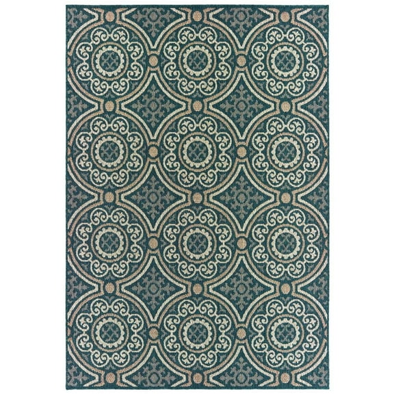 Oriental Weavers Latitude Indoor/Outdoor Rug - 609B3 - 3'3" x 5' - in Teal/ Grey - Classic Casual Style, Water, Stain and Fade Resistant, Hose Clean, Patio, Outdoor Living Area Rug