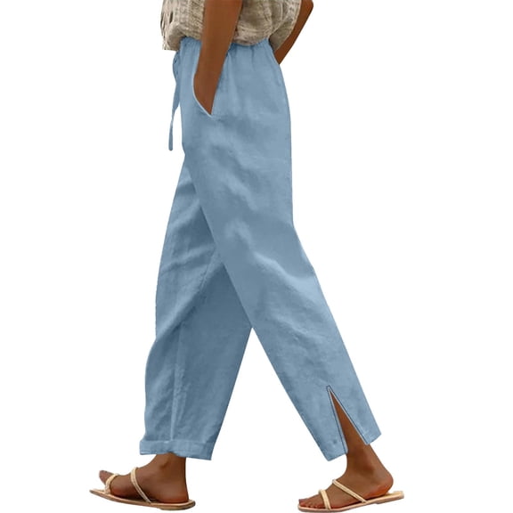 FASHIONPANT Fashion Casual Pants For Women Summer Long Cotton Linen Straight Leg Loose Pants