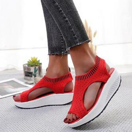 

VKEKIEO Round Toe Wedge Sandals For Women Flat Heel Wedge Red