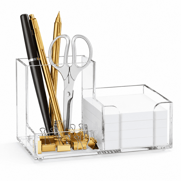 Clear Acrylic Pen Holder for Desk - Compact 3-Compartment Desk Organizer with Sticky Note Holder, Non-Slip Office Desk Supplies for Home Office Study