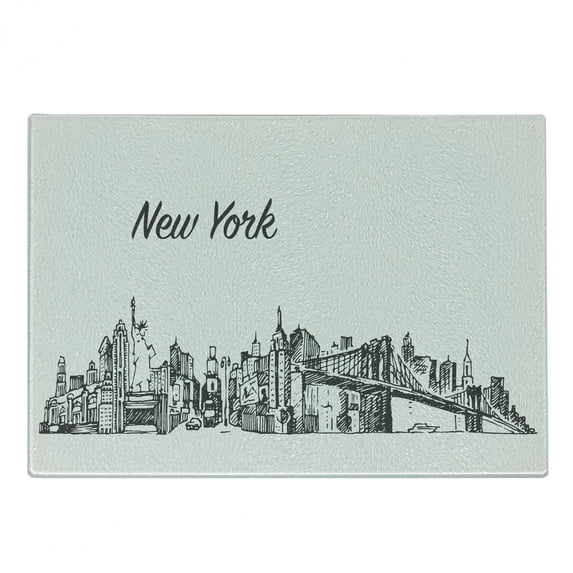 NYC Cutting Board, Simplistic Sketch of New York City Skyline Manhattan Bridge Lady Liberty, Decorative Tempered Glass Cutting and Serving Board, in 3 Sizes, by Ambesonne