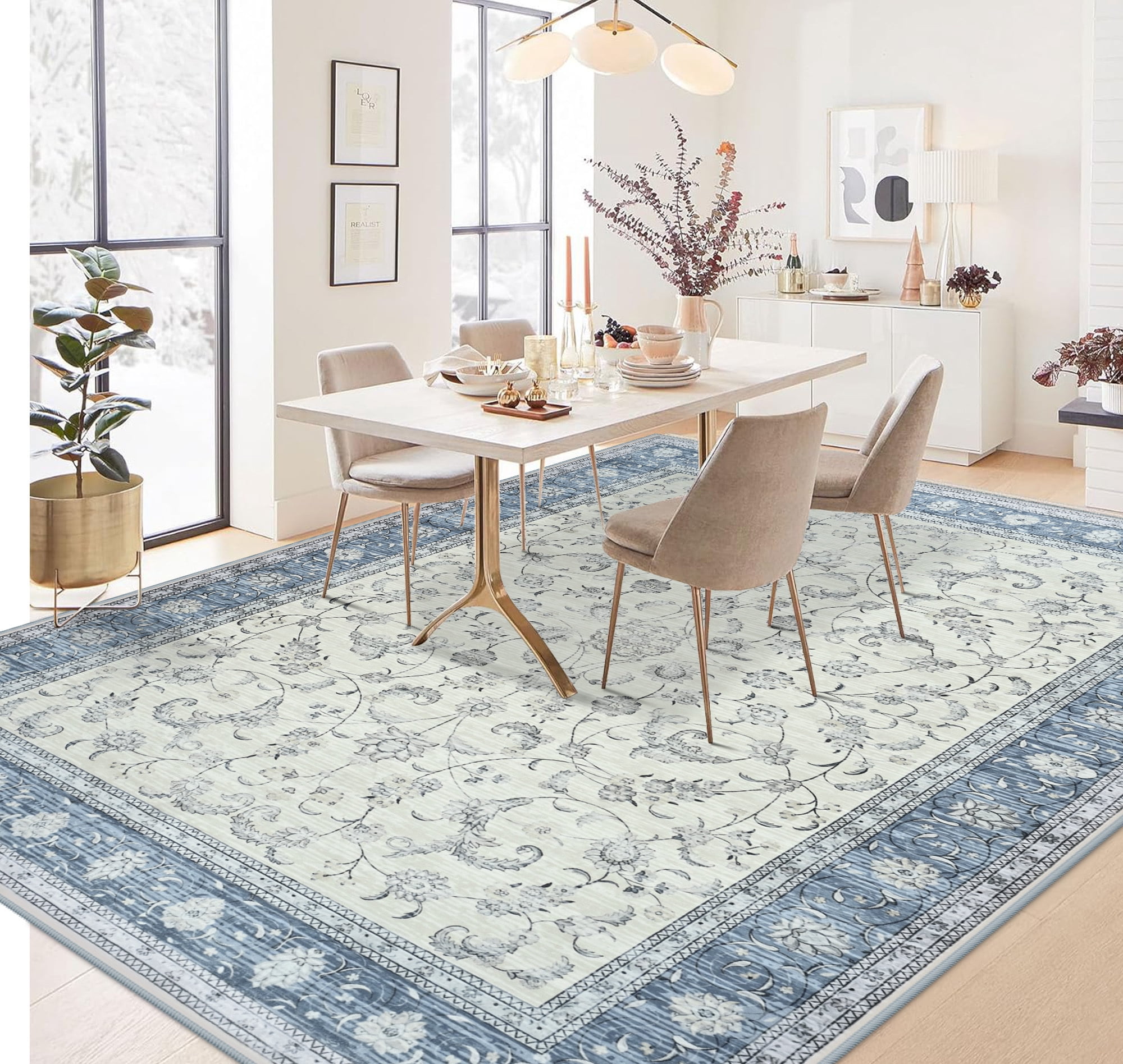 Astorug 5x8 Ft Light Blue Floral Area Rug - Machine Washable Low Pile Non-Slip Carpet, Boho Vintage Farmhouse Decor for Living Room, Bedroom, Nursery & Office