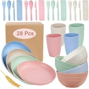 Wheat Straw Dinnerware Sets for 4 (28Pcs) Reusable Plastic Plates and Bowls Sets Lightweight Camping Dishes,Dishwasher Microwave Safe,for Camping Kitchen Picnic College Dorm