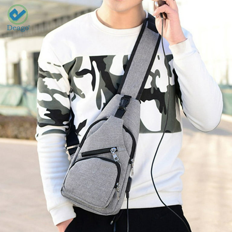 Deago Men Chest Pack Messenger Bags Casual Travel Crossbody Sling bag  Shoulder Bag W/ USB Charging Daypack Black