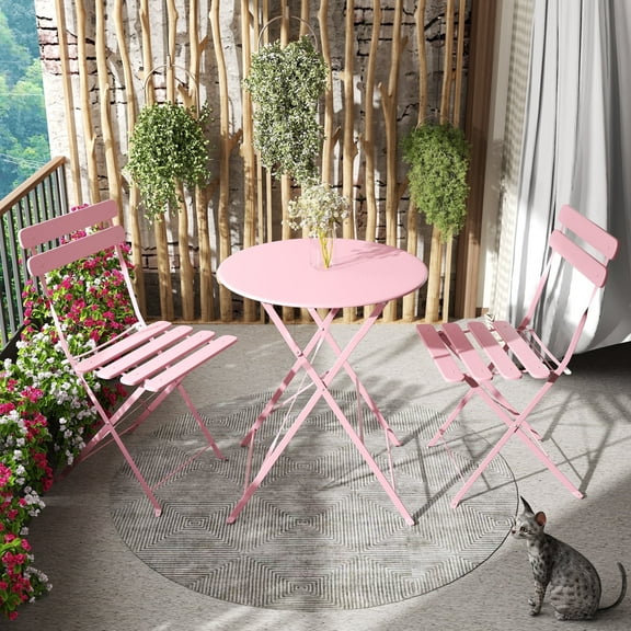 3-Piece Patio Bistro Set Outdoor Furniture Set Folding Bistro Table and Chairs with Premium Steel Frame Weather Resistant Conversation Set for Bistro Balcony Porch Yard Garden(pink with cushion)