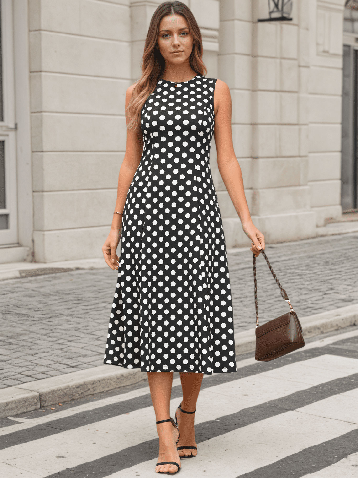 DARING DIVA Women's Polka Dots Sleeveless Sundress Vintage Crewneck Midi Dress L Black