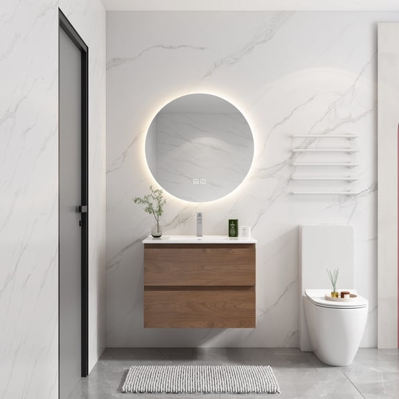 24" Wall Mounted Bathroom Vanity With Ceramic Basin. 2 Soft Close Drawers, Modern Graceful. Plywood Base Sink. , Drawers. Sophisticated Grace And Elegance,
