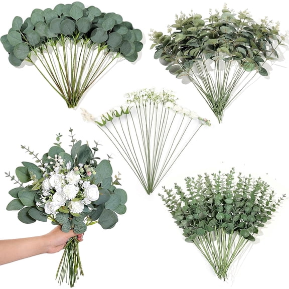 110Pcs 8 Style Faux Eucalyptus & Flower Stems, Real Touch Silver Dollar Leaves for DIY Decor