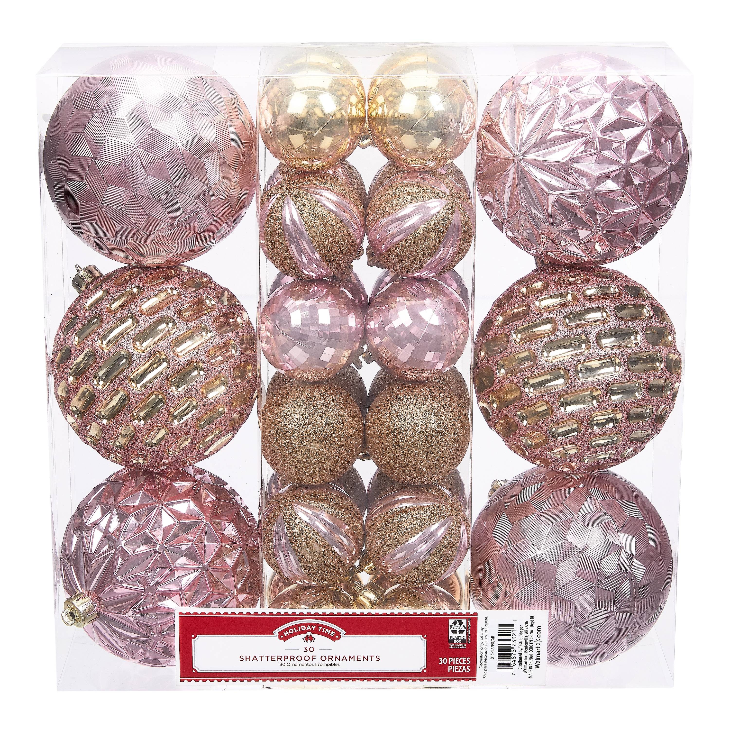 Holiday Time Shatterproof Ornaments, 30Count, Pink Gold