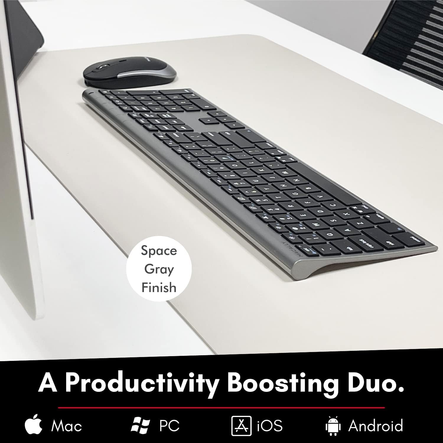 Macally Bluetooth Keyboard and Mouse | Mac Duo - Scissors Wireless Bluetooth Keyboard - 110 Key - Space Gray - Wireless Bluetooth Mouse - 1600 dpi - Space Gray - Compatible with Mac, PC