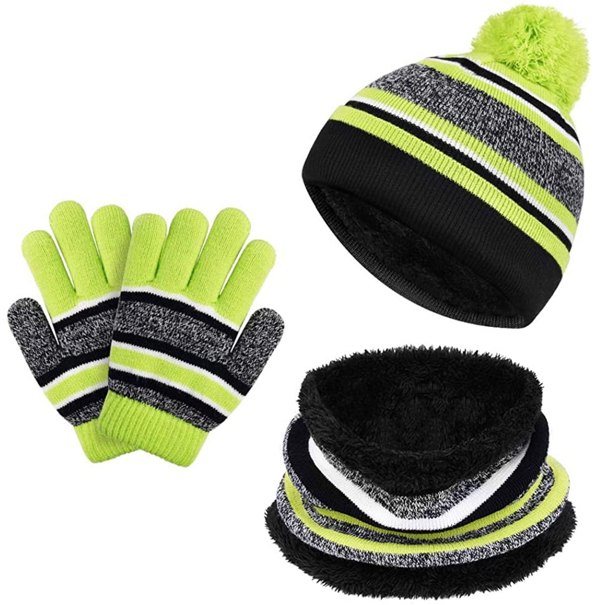 Kids Winter Striped Beanie Hat Gloves Children Accessories Thermal Knit Gloves Mittens Snood Hat Cold Weather Sets Thick Warm Fleece Lined for Boys Girls 