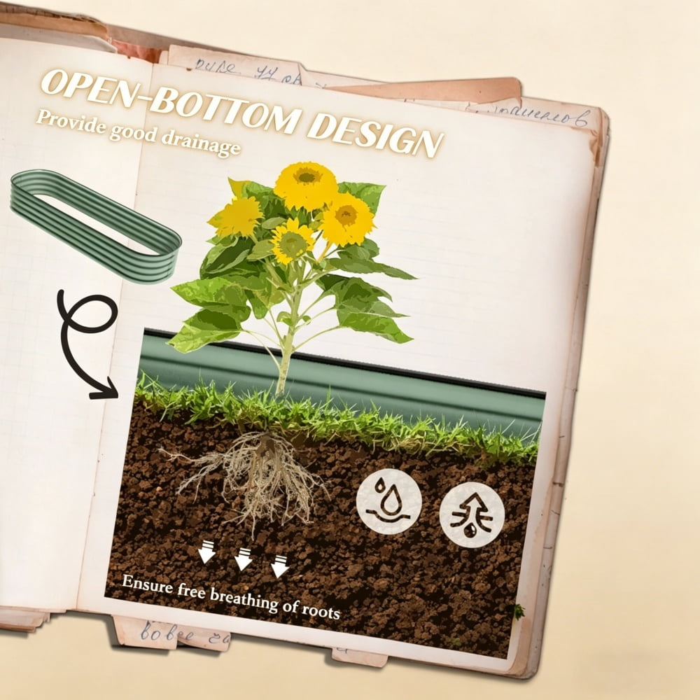 Green Galvanized Steel Raised Garden Bed, Modular Open-Bottom Planter with Rubber-Sealed Edge for Outdoor Gardening