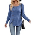 thumbnail image 3 of Womens Fall Tops Soft Square Neck Long Lantern Sleeve Deco Buttons Side Slit Sweater Tunic Shirt Blue XXL, 3 of 9