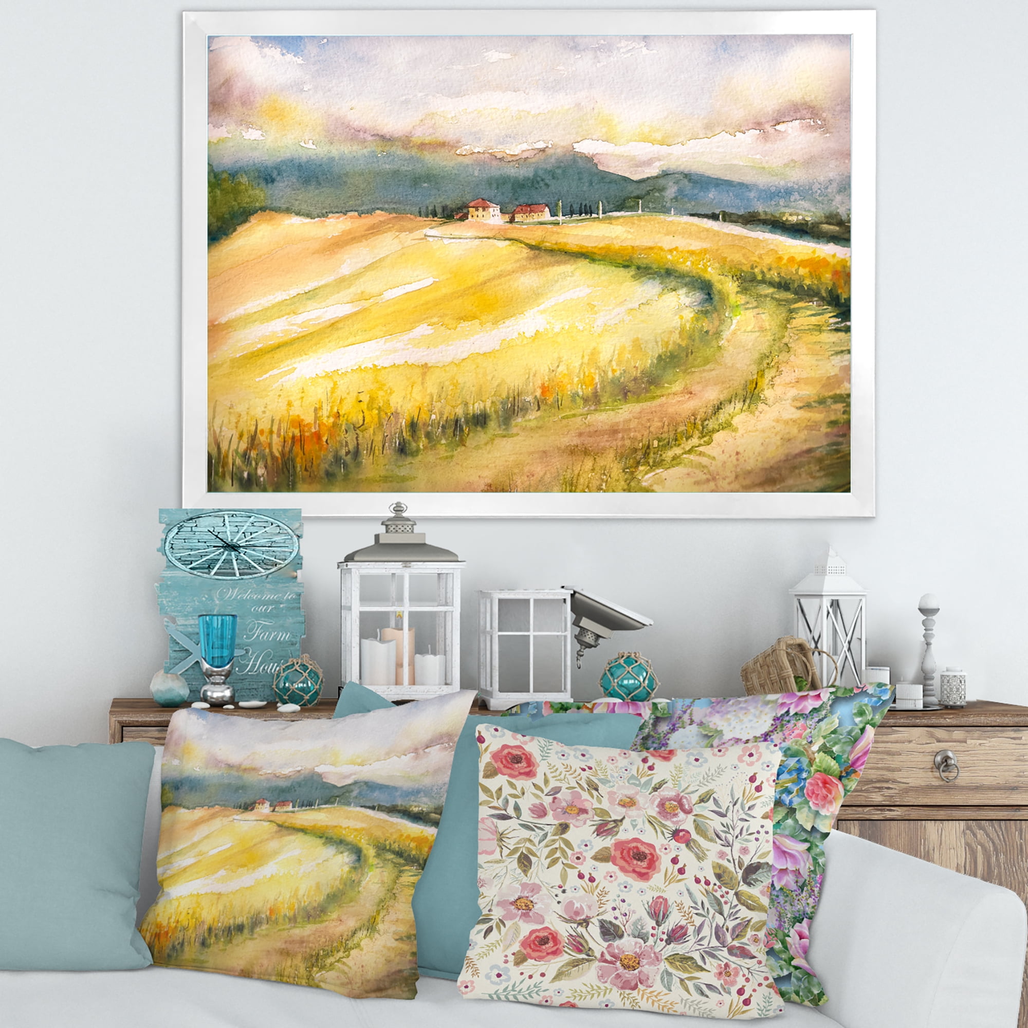 Designart 'Golden Grass Fields of Tuscany Italy' Country Framed Art Print