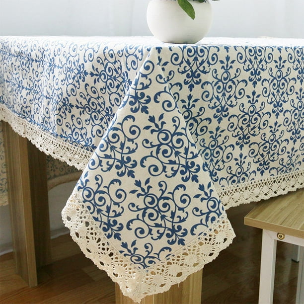 Vintage Blue and White Porcelain Printing Tablecloth with Lace Trim